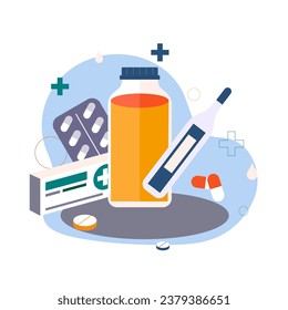 Antecedentes médicos vectores con termómetro, blister de pastillas, cápsulas y frasco de medicina. Ilustración vectorial de productos farmacéuticos para carteles de farmacia, afiches médicos, puestos.