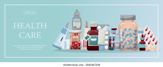 Vector medical banner. Pharmacy template for hospitals, advertising, pharmacies training. International health protection, insurance.Medicine and surgery.Vaccination, online health check up, medical