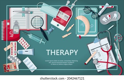 Vector medical banner. Pharmacy template for hospitals, advertising, pharmacies training. International health protection, insurance.Medicine and surgery.Vaccination, online health check up, medical