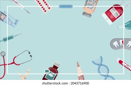 Vector medical banner. Pharmacy template for hospitals, advertising, pharmacies training. International health protection, insurance.Medicine and surgery.Vaccination, online health check up, medical
