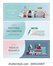 Vector medical banner. Pharmacy template for hospitals, advertising, pharmacies training. International health protection, insurance.Medicine and surgery.Vaccination, online health check up, medical