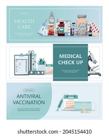 Vector medical banner. Pharmacy template for hospitals, advertising, pharmacies training. International health protection, insurance.Medicine and surgery.Vaccination, online health check up, medical