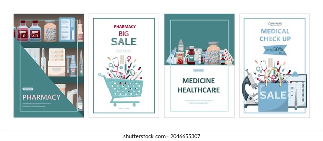 Vector medical banner. Pharmacy template for hospitals, advertising, pharmacies training. International health protection, insurance.Medicine and surgery.Vaccination, online health check up, medical