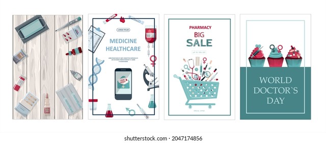 Vector medical banner. Pharmacy template for hospitals, advertising, pharmacies training. International health protection, insurance.Medicine and surgery.Vaccination, online health check up, medical