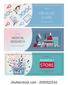 Vektormedizinisches Banner. Pharmazie-Vorlage für Krankenhäuser, Werbung, Apothekenschulung. Internationaler Gesundheitsschutz, Versicherung.Medizin und Chirurgie.Impfung, Online-Gesundheitskontrolle, medizinische Versorgung