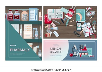 Vector medical banner. Pharmacy template for hospitals, advertising, pharmacies training. International health protection, insurance.Medicine and surgery.Vaccination, online health check up, medical