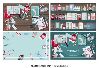 Vector medical banner. Pharmacy template for hospitals, advertising, pharmacies training. International health protection, insurance.Medicine and surgery.Vaccination, online health check up, medical