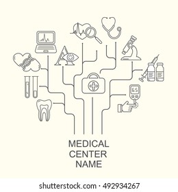 Vector Medical center logo concept with modern linear icons. Medicine and health background with line style symbols.