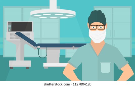 Vector medical concept Surgeon in operation theater. Room with doctor in medical mask. Flat vector illustration