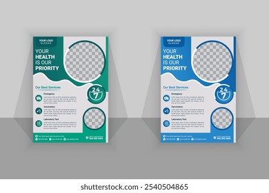 Vector Médico creativo colorido médico flyer diseño Plantilla, abstracto médico flyer, diseño de Vector, poster.a4 flyer de 2 Plantillas en diferentes colores. Ilustraciones vectoriales para Flyer Design 2024