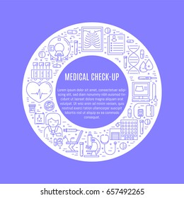Vector Medical diagnostic poster template in trendy linear style. Healthcare banner design made in a shape of circle with place for text. Editable strokes