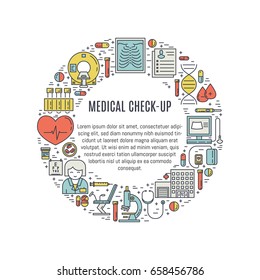 Vector Medical diagnostic poster template in trendy linear style. Healthcare banner design made in a shape of circle with place for text. Editable strokes