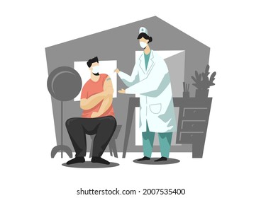 Vector medical doctor, doctor assistant, vaccine, syringe, 2021 medical concept.