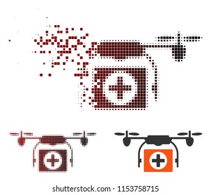 Vector medical drone icon in fractured, pixelated halftone and undamaged solid versions. Disappearing effect involves square dots and horizontal gradient from red to black.