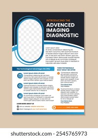 Vector medical examination brochure, health care concept with space for photo collage. Booklet, advertising flyer with diagnostic in hospitals, clinics. Modern technologies. vertical layout,