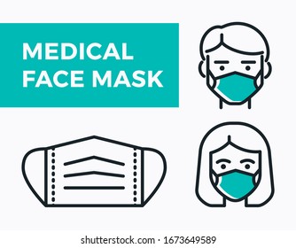 Vector Medical Face Mask icons. Simple thin line signs with people wearing protection masks. 