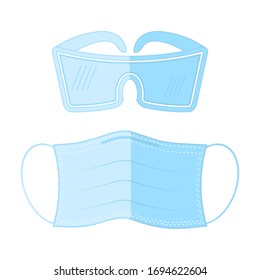 Vector Medical Face Mask and Plastic Glasses for Protection Isolated on White Background.