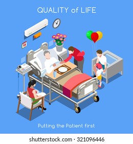 Infográfico isométrico do hospital da cama do paciente da Vector Medical. Saúde Família Cuidados Vida Hospital Doença Paciente. Clinic Patient Bed Cuidados de saúde visita de qualidade Isométricos Início Pessoas Ilustração Vector