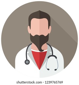 Vector medical icon bearded doctor. The doctor is a man in a white coat and with a stethoscope. Illustration of doctor avatar in flat style.