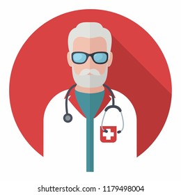 Vector medical icon doctor. A bearded Medic wearing glasses, a robe and a stethoscope. Illustration in a flat style.
