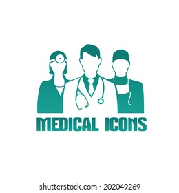 Icono o logotipo médico vectorial con 3 médicos diferentes como terapeuta, cirujano y otolaringólogo, monocromo