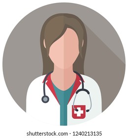 Vector Medical Icon Woman Doctor. A Doctor In A White Coat And A Stethoscope. Illustration Of Doctor Avatar In Flat Style.