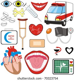 Vector  Medical Icons Set collection ambulance human heart mouth teeth eye lip injection pressure bone pharmacy plaster healthcare