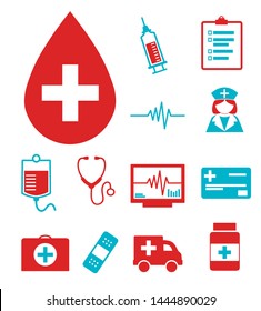 Vector medical icons set for creating infographics related to health and medicine, like blood drop, clipboard, nurse, blood bag, health insurance card or ambulance