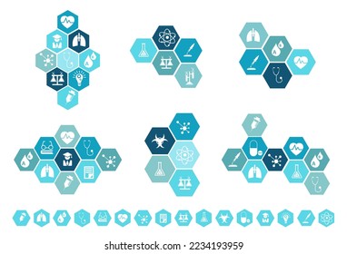 Vector medical icons set with elements hexagon shapes background blue creative layout template design