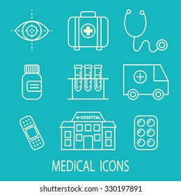 Vector Medical Icons Set on blue background. Simple line icons, thin contour 