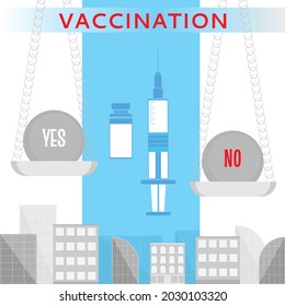 Vector medical illustration about the problem of choosing vaccination. Negative answer.