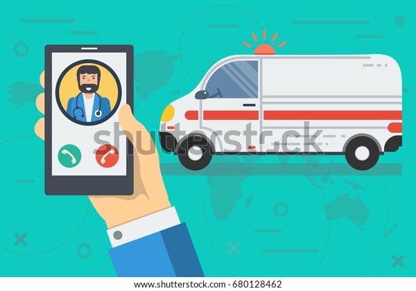 Vector medical\
illustration of emergency call. Ambulance and hand with phone calls\
doctor in flat style