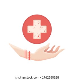 Vector medical illustration in flat style with textured women hand and cross isolated on white background. Concept of health care or insurance for card, poster, banner, web design