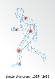 Vector medical illustration of joint pain demonstrated on running man