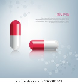 Vector medical illustration with pills and molecules