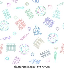 Vector medical illustration. Seamless pattern with medical icons. Repeated texture for presentation and background. Line art elements.