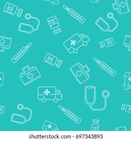 Vector medical illustration. Seamless pattern with medical icons. Repeated texture for presentation and background. Line art elements.