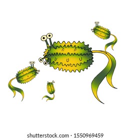 Vector medical illustration. Set of bacteria isolated on white. Bubbles, two tails with eyes. Unknown fantasy creature