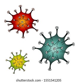Vector medical illustration. Set of bacteria isolated on white.  Spikes and eyes. Unknown fantasy creature