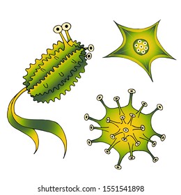 Vector medical illustration. Set of bacteria isolated on white. Yellow and green color. Spikes, star like, with tail and bubbles. Unknown fantasy creature