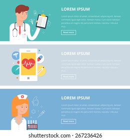 Vector medical illustrations, flat style. Doctorâ??s consultation, medical mobile app, diagnosis