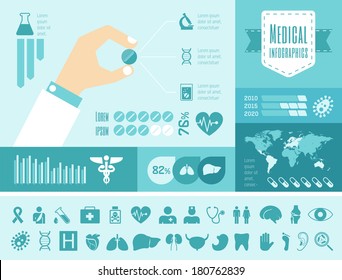 Vector medical infographic presentation. Infographic template for medical presentation design. Infographic Includes vector elements: diagrams, charts, bars, medical icon set, infographic map.