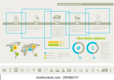 Presentación de la infografía médica del vector. Plantilla infográfica para el diseño de presentación médica. Infografía Incluye elementos vectoriales: diagramas, gráficos, barras, conjunto de iconos médicos, mapa de infografía.