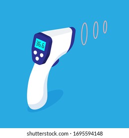 Vector medical infrared thermometer in isometric projection. Digital body thermometer isolated on blue background.