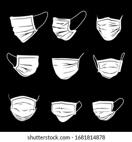 Vector Medical mask of white color on a black background in different  angles. Medical icons medical masks of various shapes