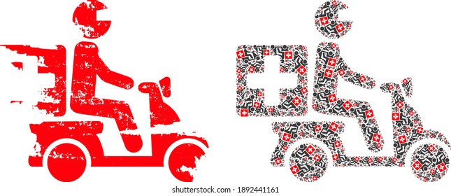 Vector medical motorbike collage is formed with random fractal medical motorbike icons. Rough medical motorbike icon. Fractal collage of medical motorbike.