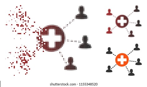 Vector medical patient network icon in fractured, pixelated halftone and undamaged entire versions. Disappearing effect involves rectangle sparks and horizontal gradient from red to black.