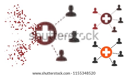 Vector medical patient network icon in fractured, pixelated halftone and undamaged entire versions. Disappearing effect involves rectangle sparks and horizontal gradient from red to black.