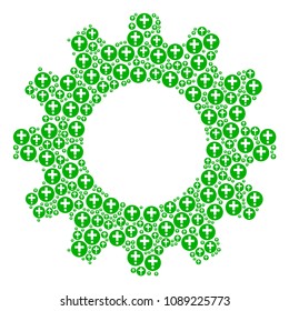 Vector medical pharmacy icons are arranged into cog combination. Service design concept constructed with medical pharmacy items.