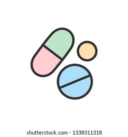 Vector medical pills, health tablet, drug flat color line icon.